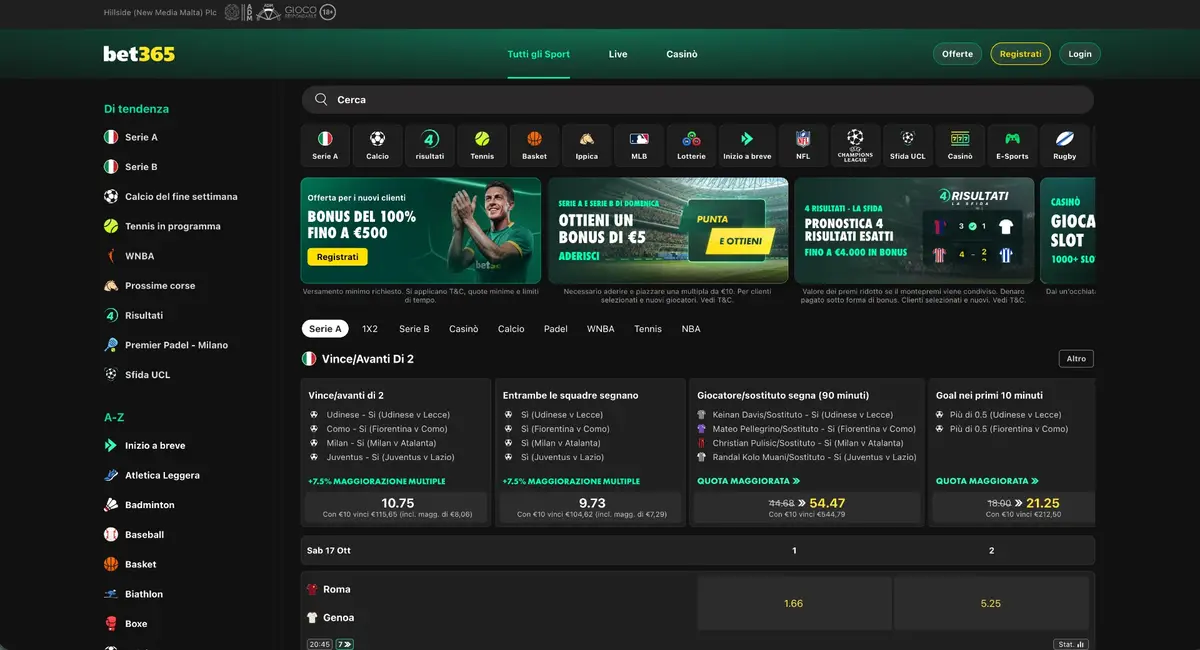 Schermata del sito bet365 con il bonus di benvenuto
