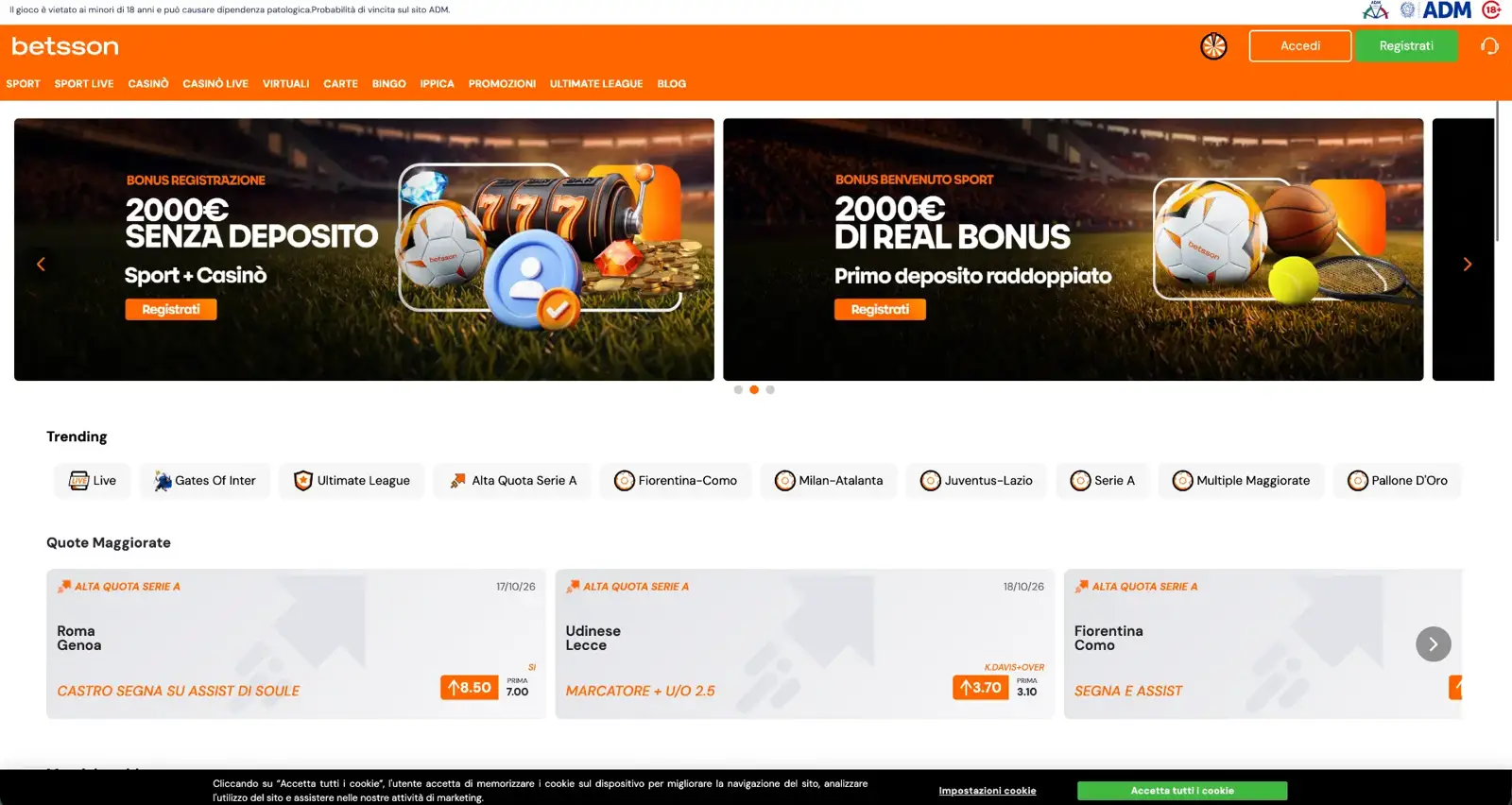 Schermata del sito Betsson con il bonus di benvenuto