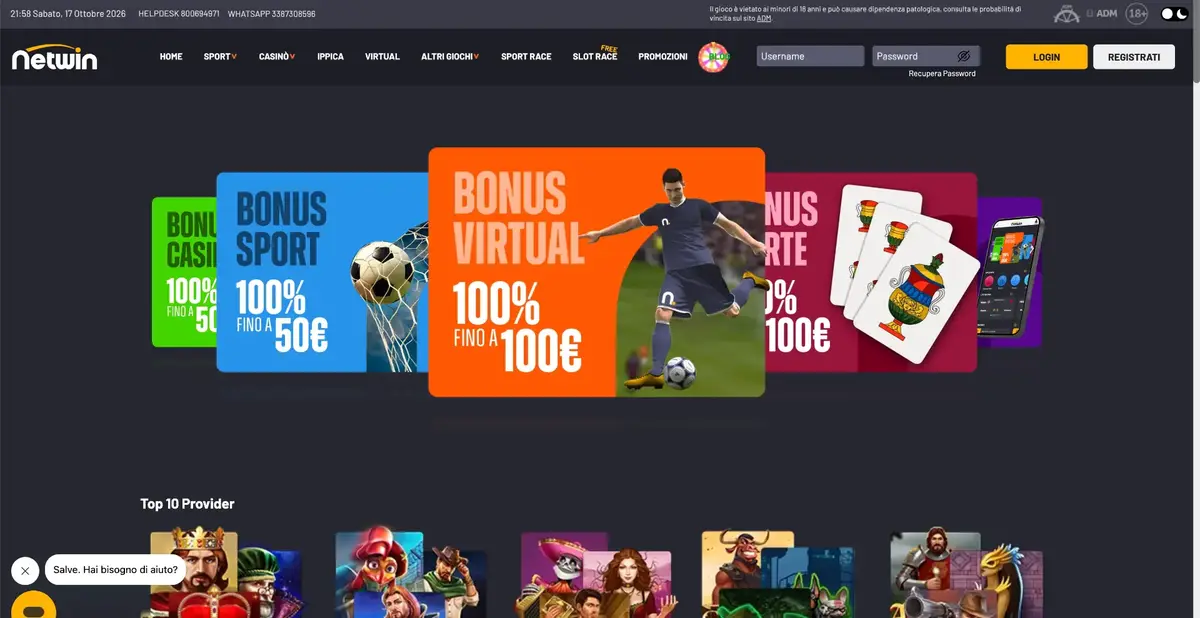 Schermata del sito Netwin con il bonus di benvenuto