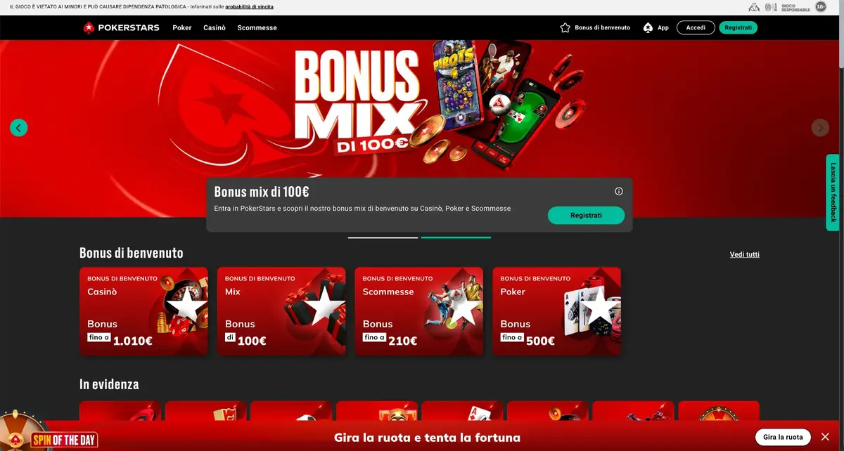 Schermata del sito PokerStars con il bonus di benvenuto