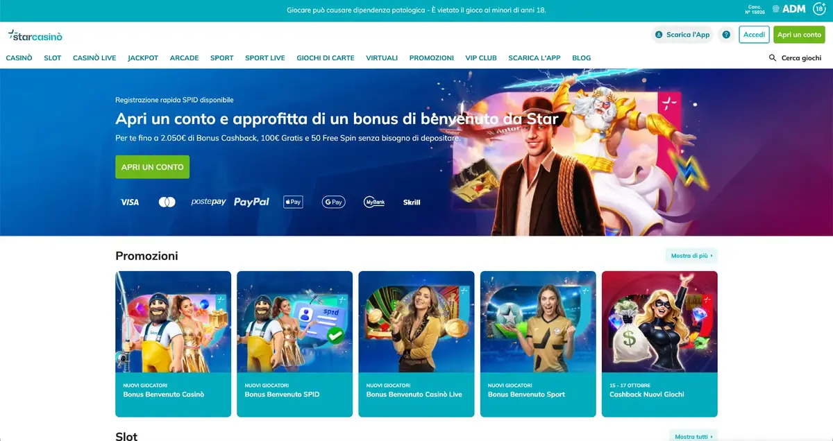 Schermata del sito StarCasinò con il bonus di benvenuto