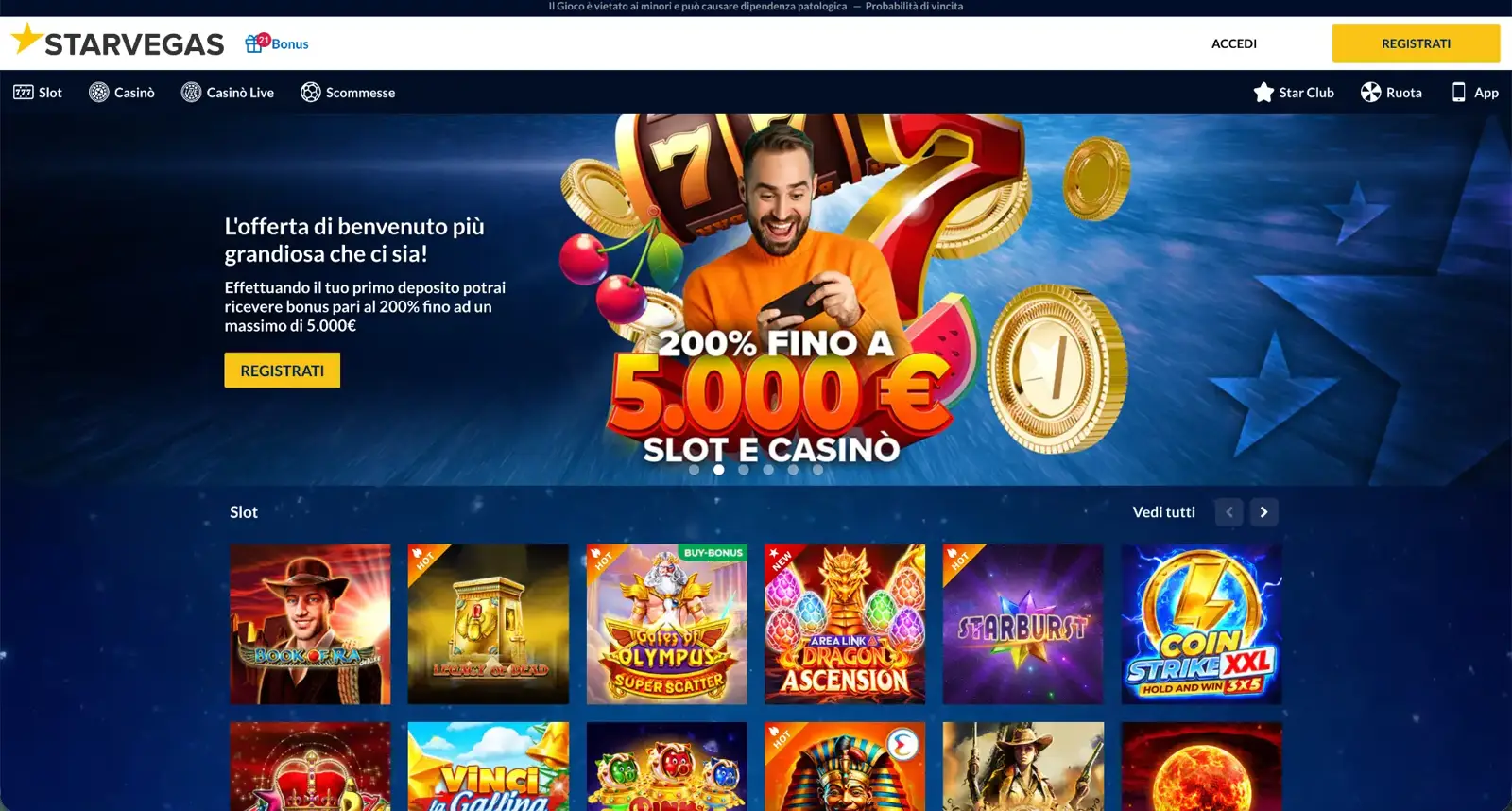 Schermata del sito StarVegas con il bonus di benvenuto