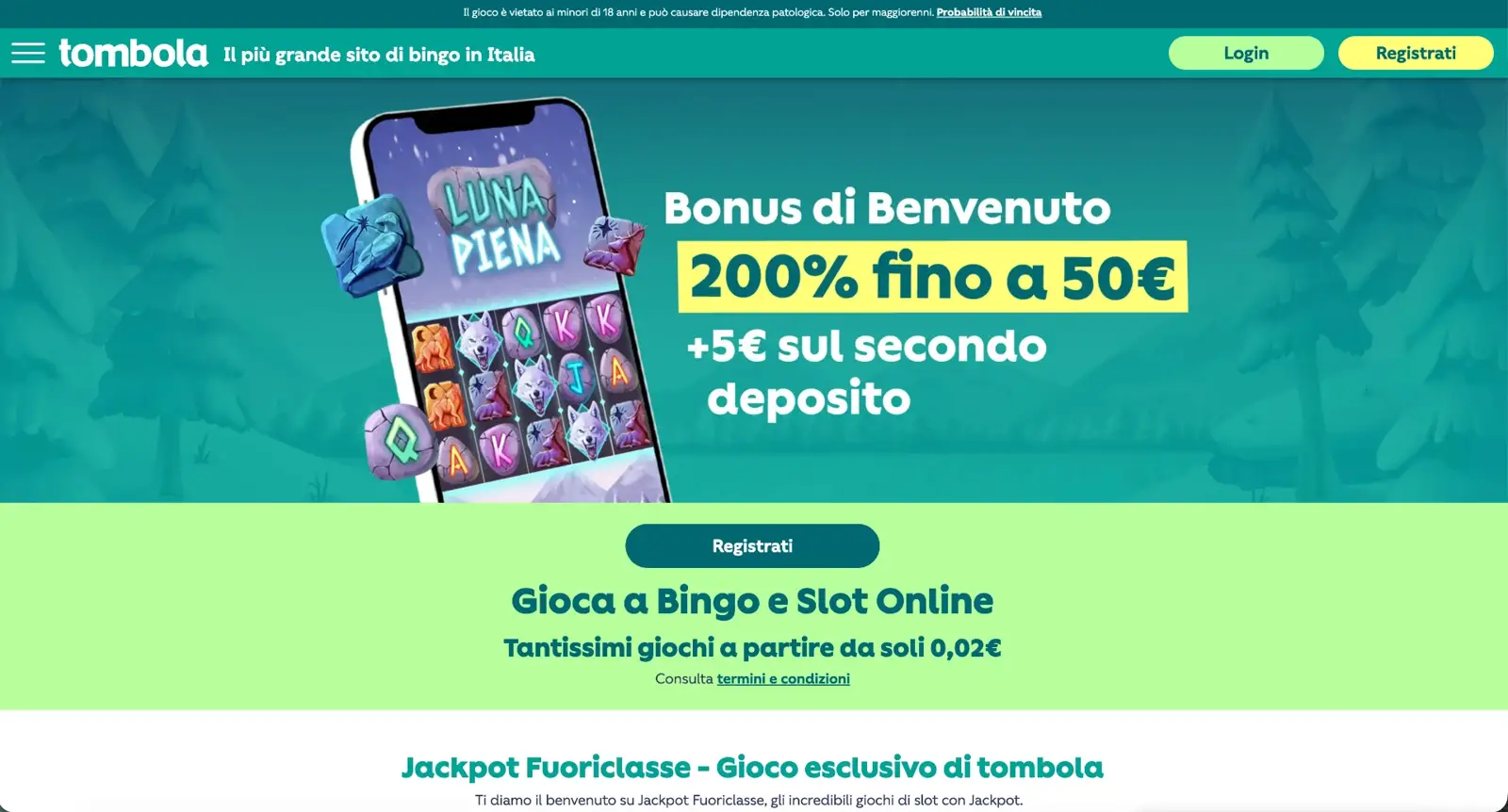 Schermata del sito tombola con il bonus di benvenuto